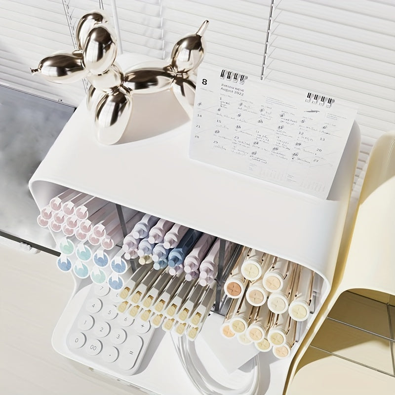 Plastic Desk Organizer with Drawer and Multi-Compartment Pen Holder for Office Supplies