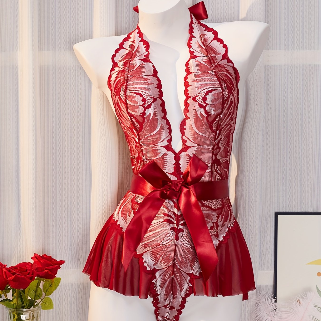 Body de encaje de talla grande con detalle de lazo y patrón floral para mujer