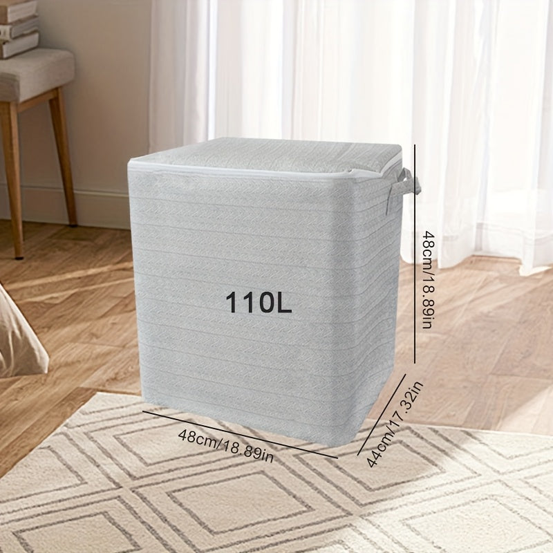 Large Fabric Storage Box with Lid Herringbone Pattern for Clothes and Bedding