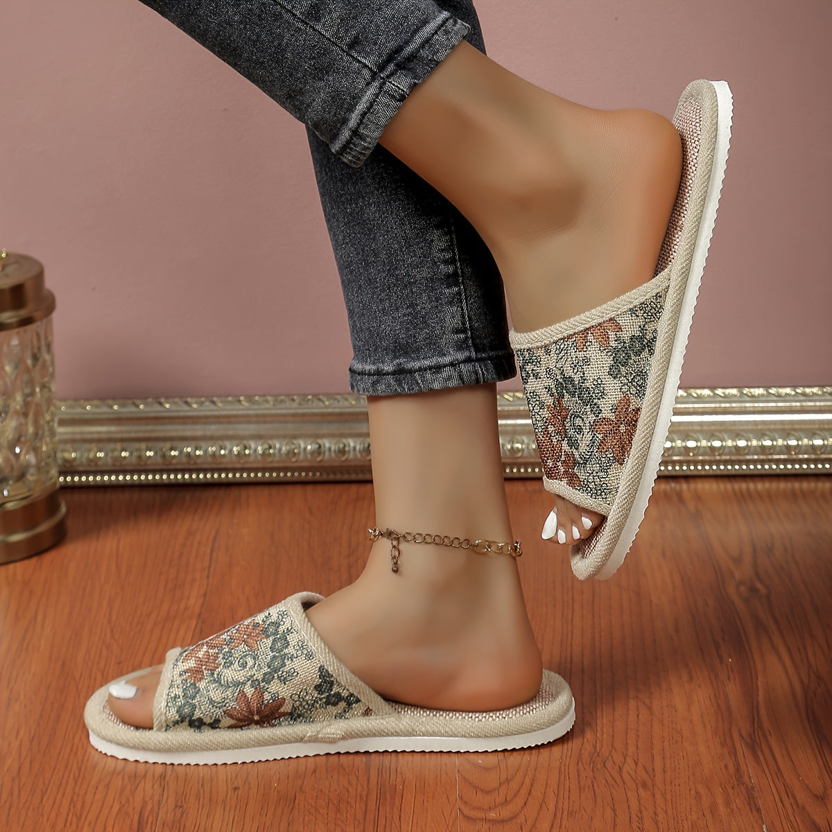 Havo o'tkazadigan linen shippaklar erkaklar va ayollar uchun, ko'k gullü, barcha mavsumlar uchun EVA taglik bilan