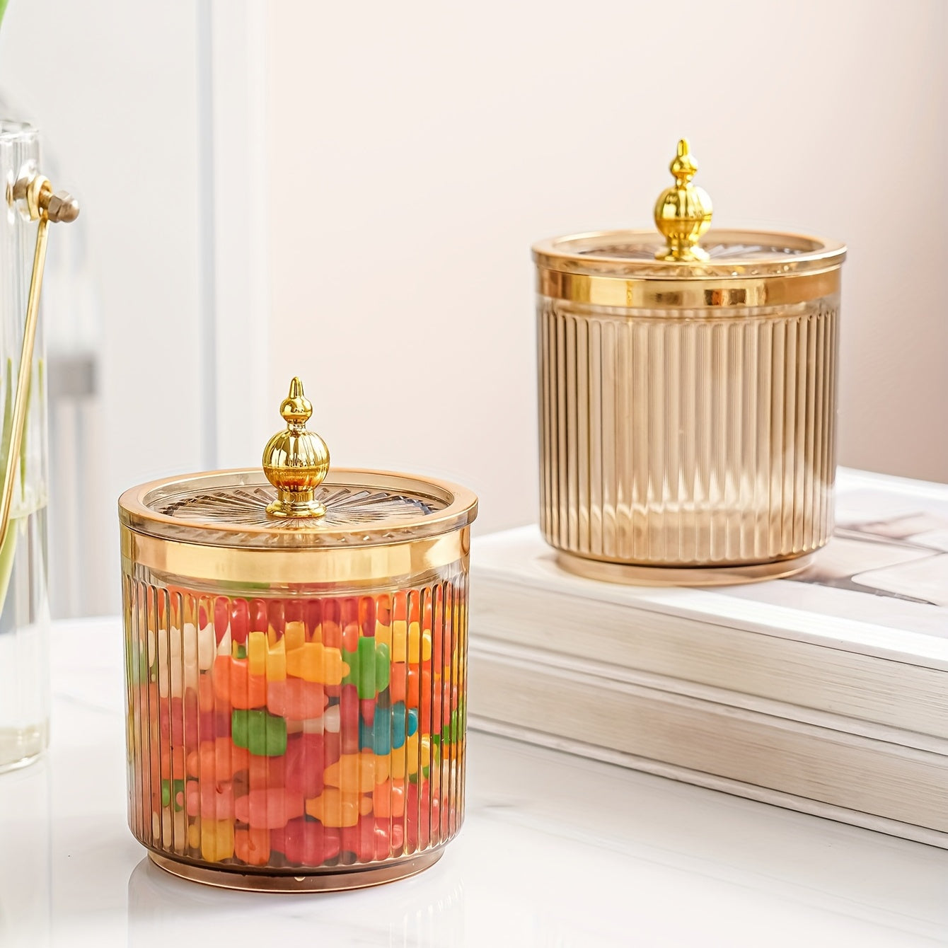 Candy Jar with Bead Decoration in Transparent Amber and Lime for Halloween Weddings and Parties