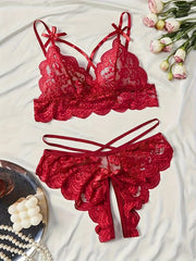 Women's Floral Lace Lingerie Set with Push-Up Bra and Strappy Thong