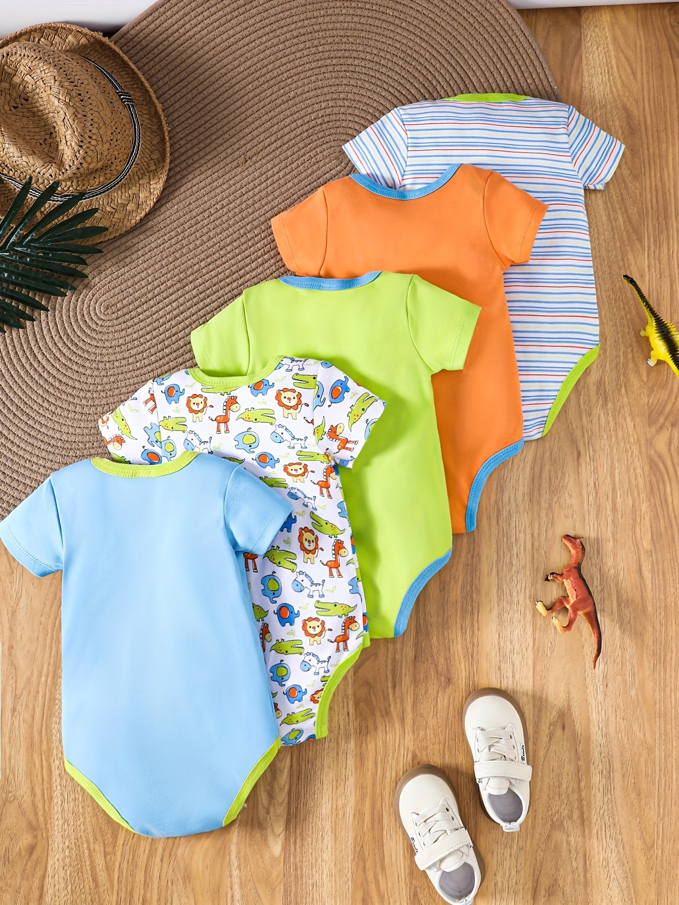 Baby Boy Cotton Romper Set 5pcs Summer Animal Pattern Stripes Crew Neck