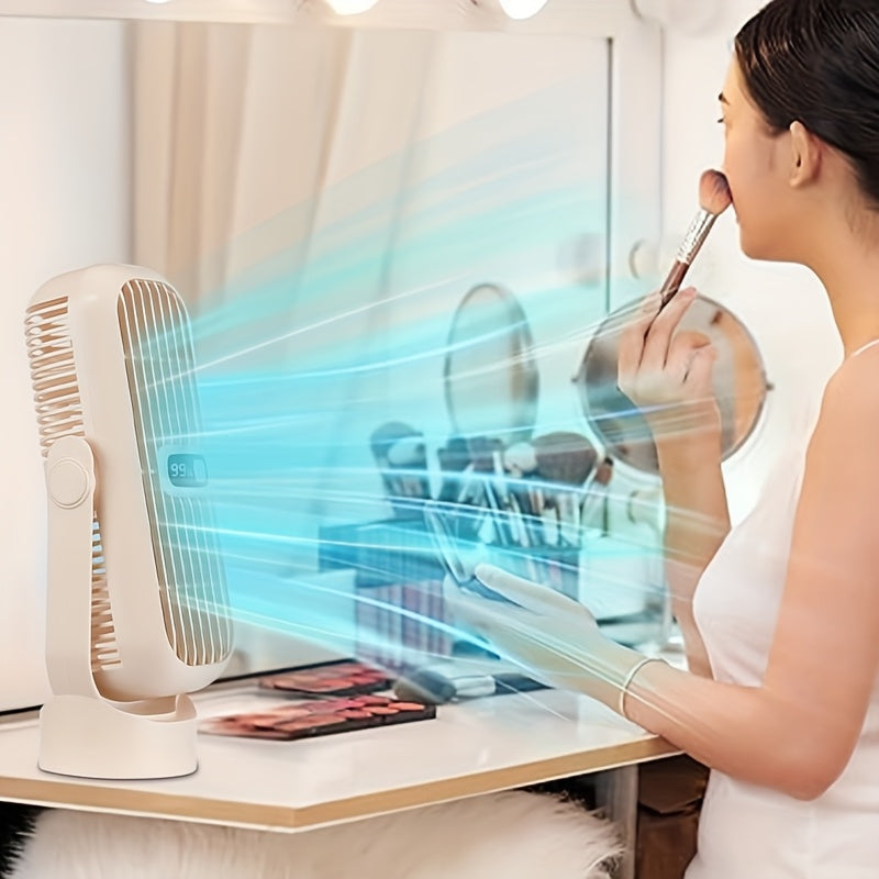 Raqamli displeyli portativ stol fanati, USB bilan qayta zaryadlanadigan, sozlanadigan havo oqimi