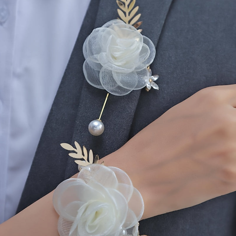 Bridal Party Wrist Corsage and Boutonniere Set with Faux Pearls and Rhinestones