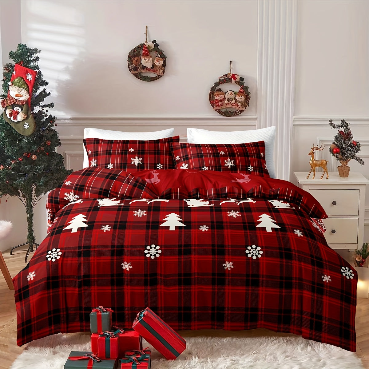 Christmas Duvet Cover Set 3 Pieces Checkered Xmas Tree Elk Snowflake Bedding