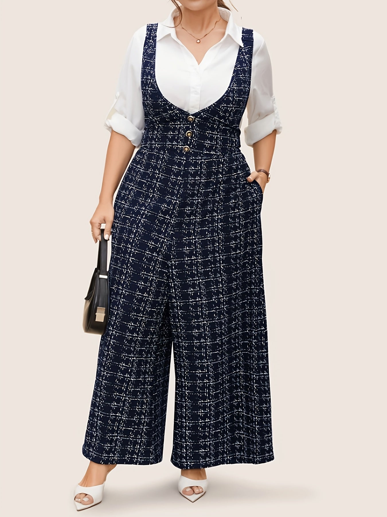 Plus Size Sleeveless Plaid Cross-Back Jumpsuit with Button Print