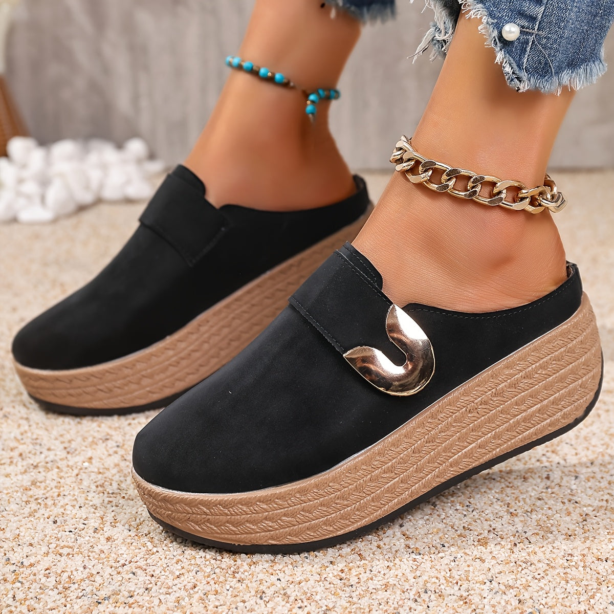 Women's Synthetic Platform Sandals with Metallic Ring Beaded Ankle Bracelet