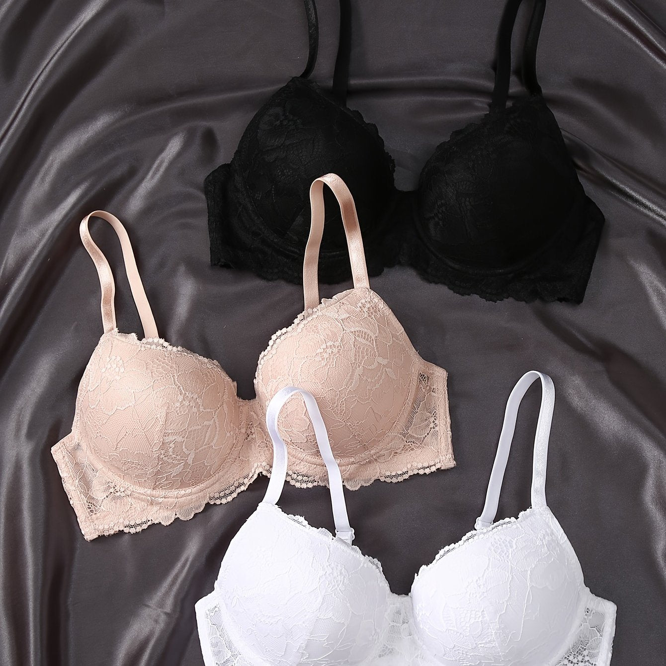 Set of 3 Lace Bras Black Beige White Breathable Underwire Non-Padded Knit Lingerie