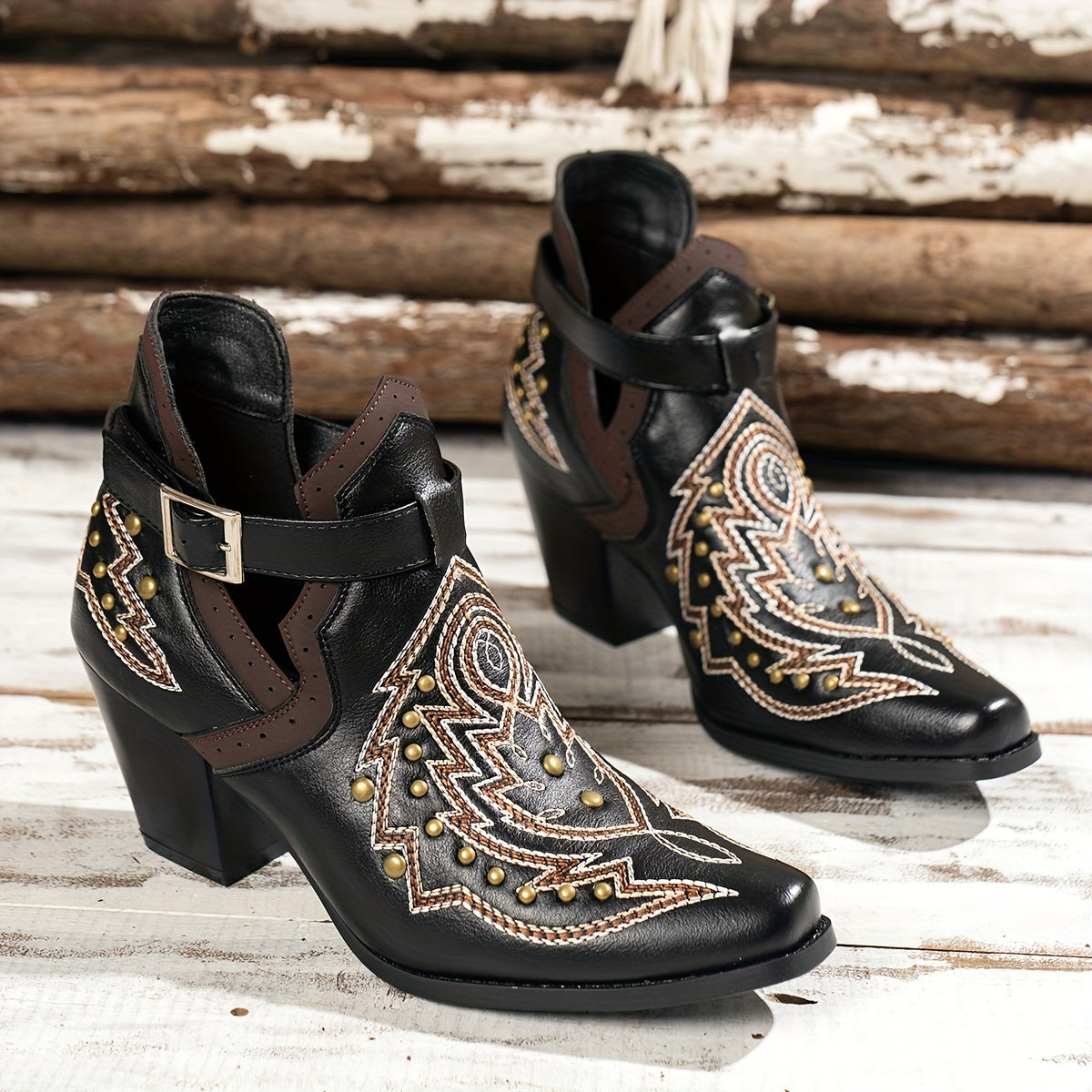 Women's Golden Beads Chunky Heel Ankle Boots with Buckle Strap