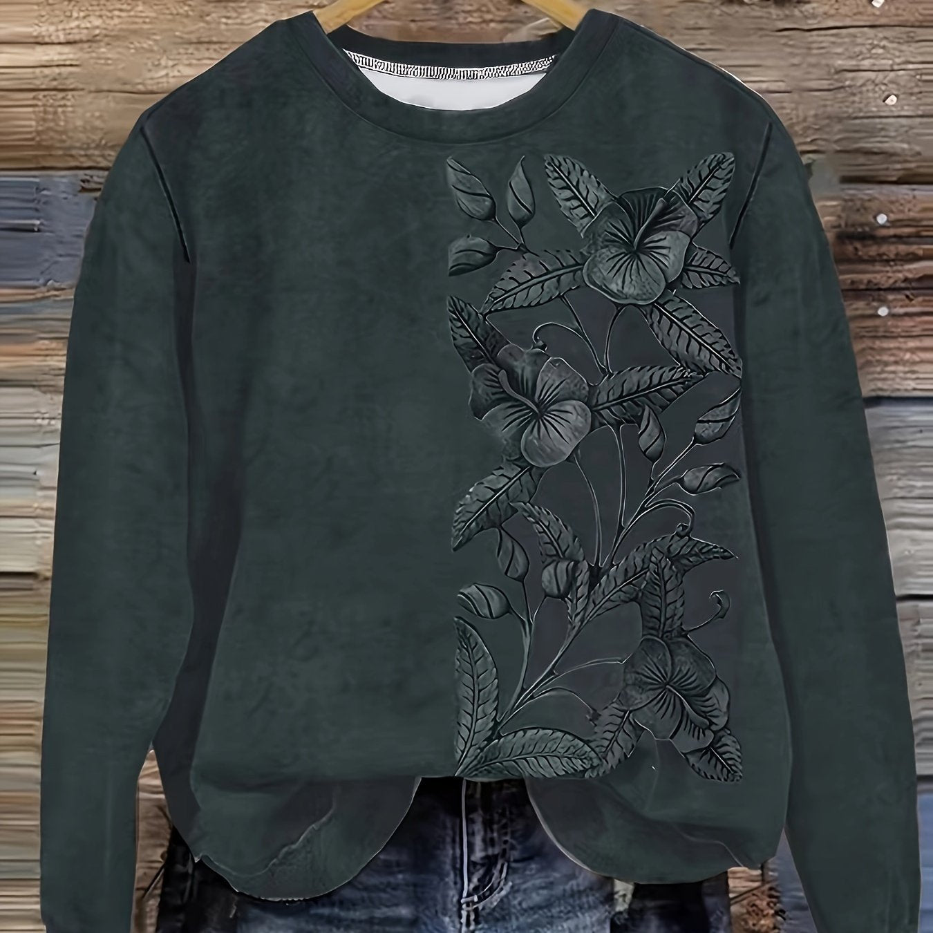 Women's Long Sleeve Sweatshirt Cozy Floral Print Pullover Fall Winter Brown Orange