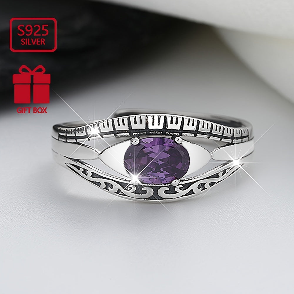 Sterling Silver Ring with Purple Zircon Inlay Adjustable Jewelry for Women