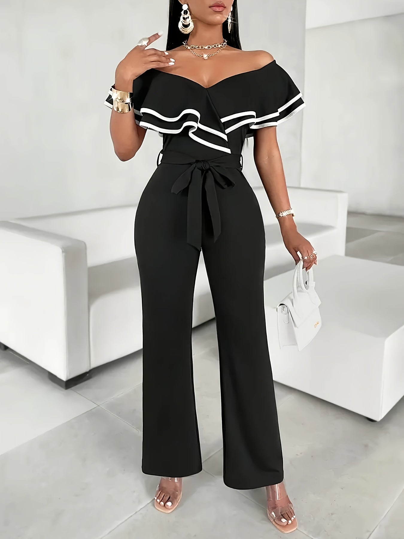 Women's Plus Size V-Neck Ruffle Sleeve Color Block Jumpsuit Black White