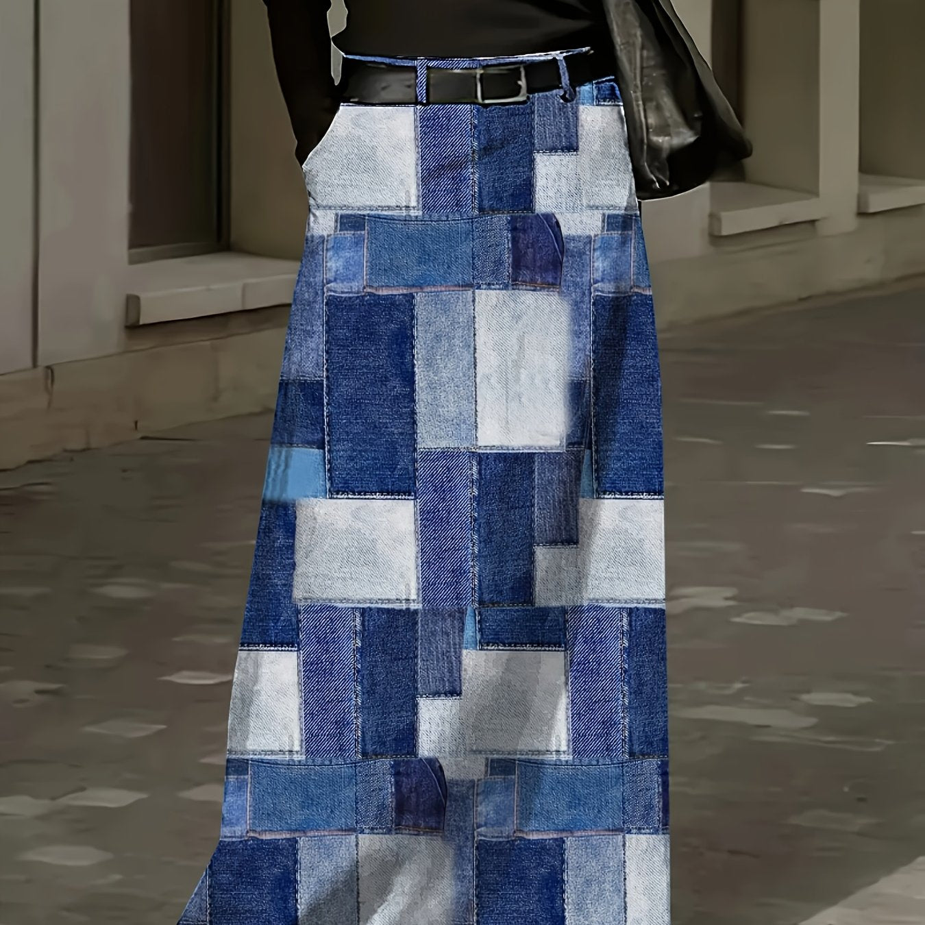 Plus-Size Denim Print Maxi Skirt with Pockets and Zipper