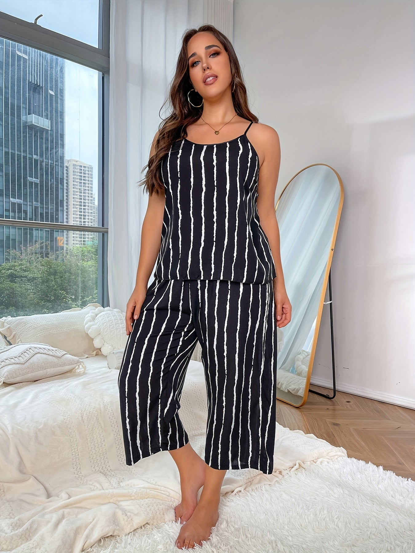Women's Black and White Striped Plus Size Suspender Skirt Set