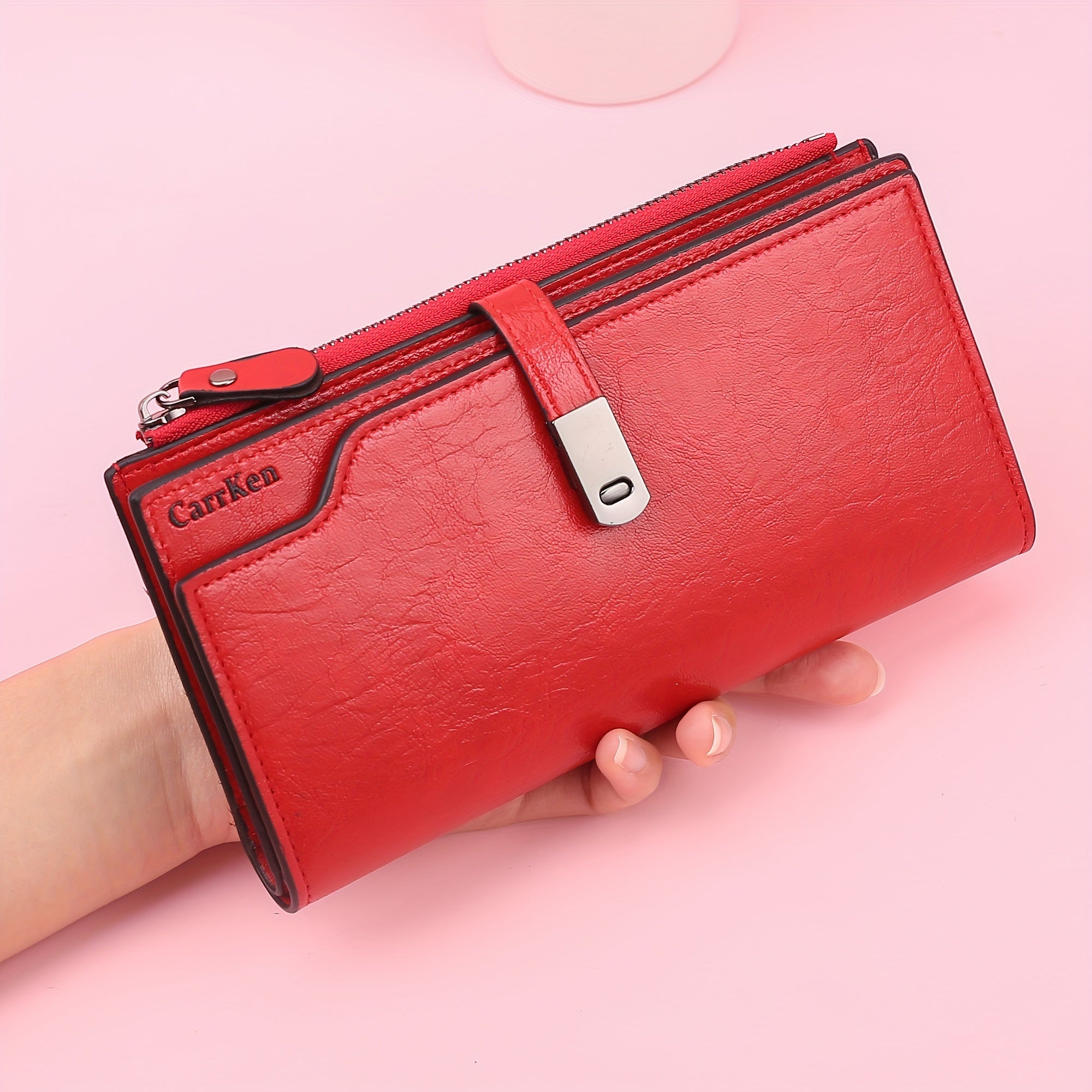 Women's Long Wallet with Buckle Closure Tri-Fold Card Slots Coin Purse Document Wallet