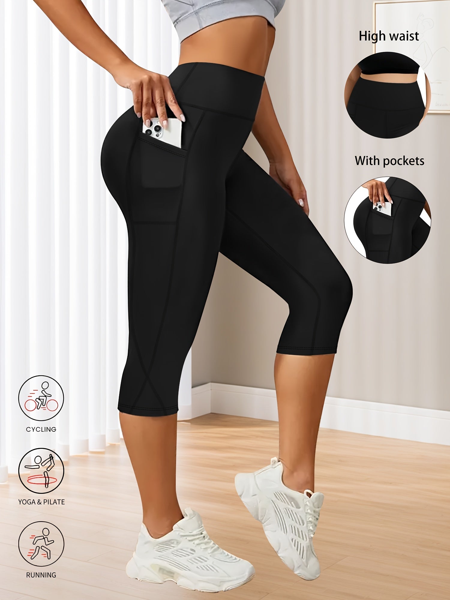 Plus Size Women's Yoga Pants High Waist Pocket Biker Shorts Tummy Control