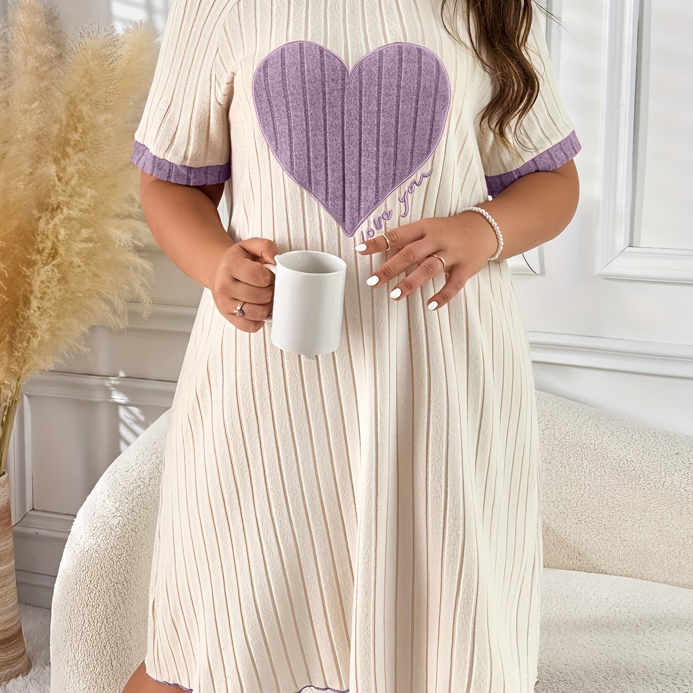 Women's Plus Size Color Block Heart Embroidered Sleep Dress Lounge Nightgown