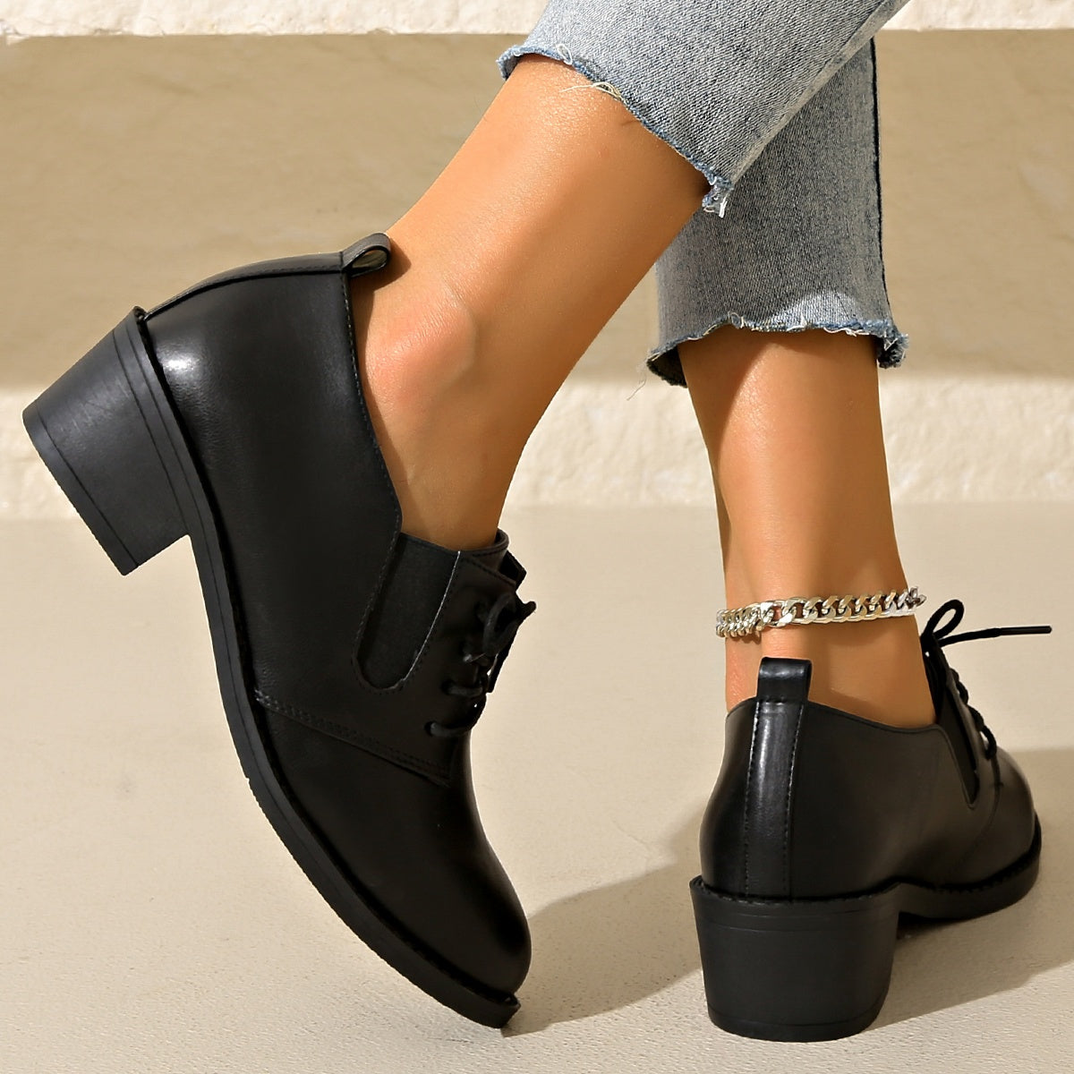 Women's Black Casual Oxfords with Golden Buckle Synthetic Leather Shoes