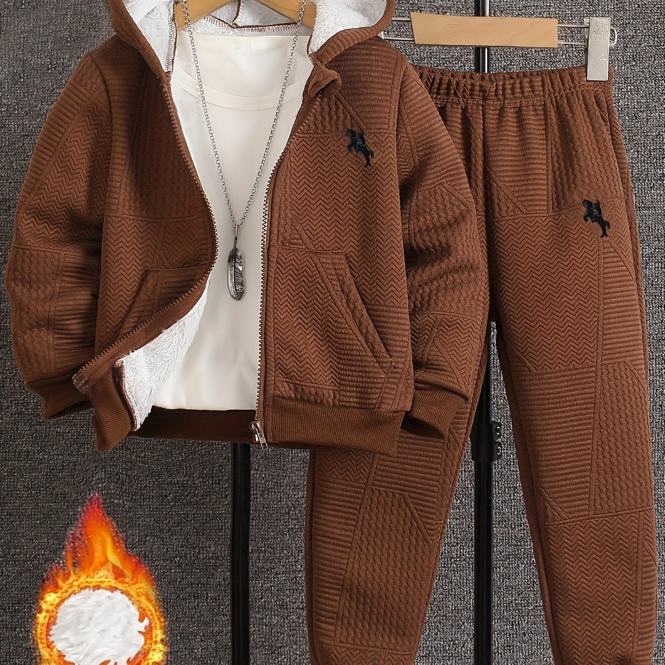 Boys' Casual Outfit Set with Hooded Jacket and Geometric Knit Pants for Fall Winter