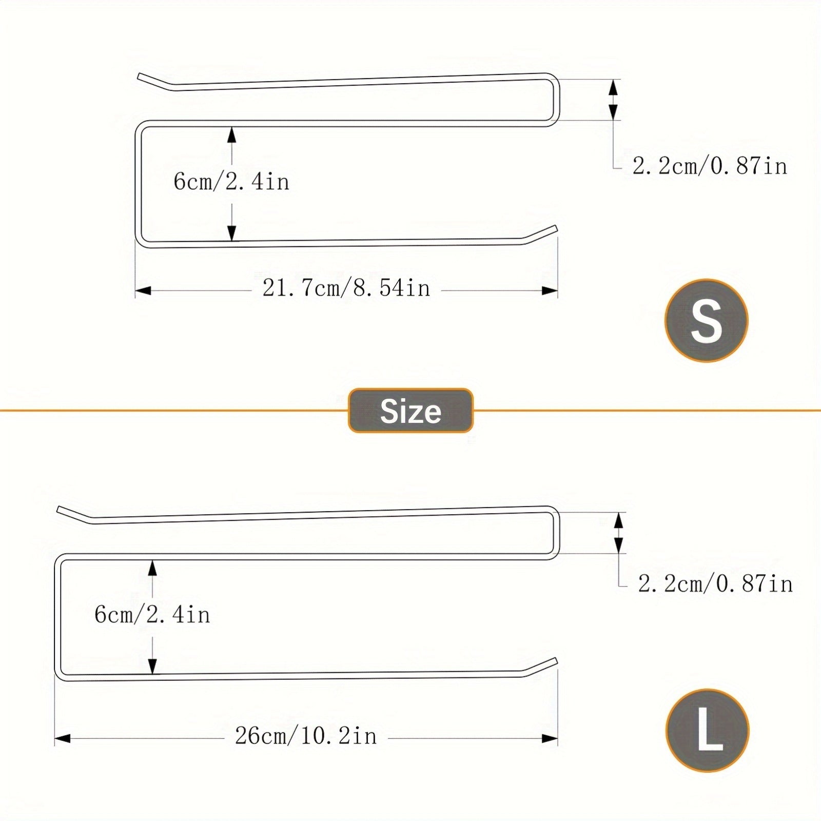 Elegant temir oshxona qog'oz tutgichi uchun ikkita o'lchov variantidan tanlang: S (21.7sm/8.54in) yoki L (26sm/10.2in).