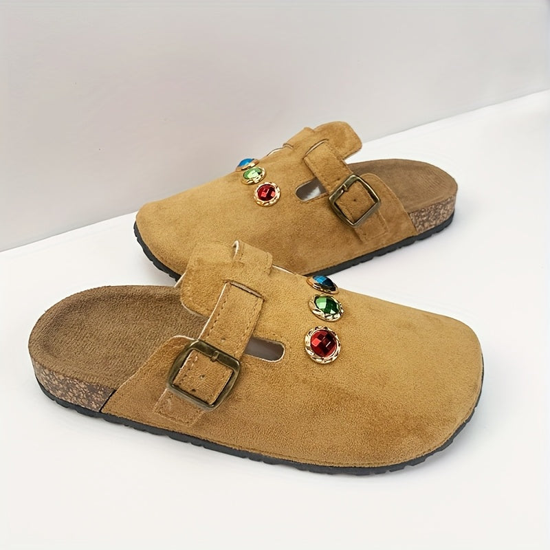 Women's Slip-On Mules Fabric Casual Loafers with Adjustable Straps and Gemstone Accents