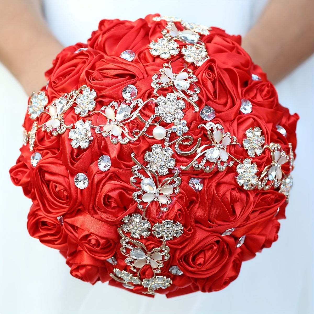 Zarif Satyn Roʻza Toʻy Güllasi, Sunʼiy Kristal Detallari va Rhinestone Lentasi bilan