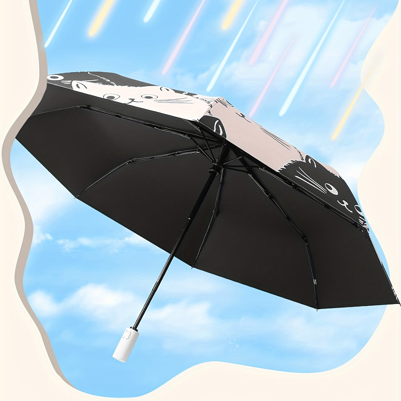 Cartoon Kittens Printed Automatic Umbrella UV Protection Black and White Reinforced Frame