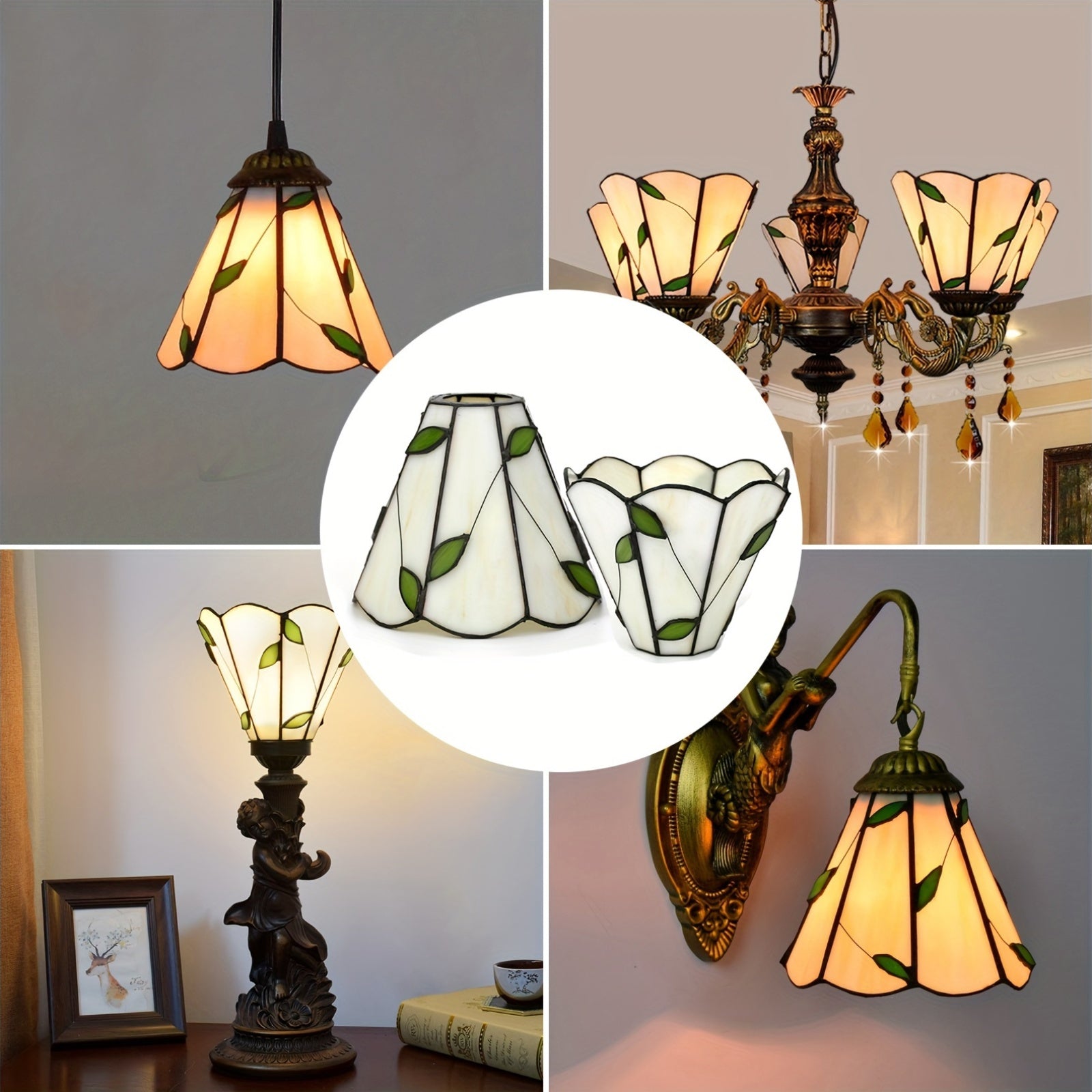 6-Inch Leaf Pattern Handcrafted Stained Glass Lampshade for Pendant and Wall Lighting