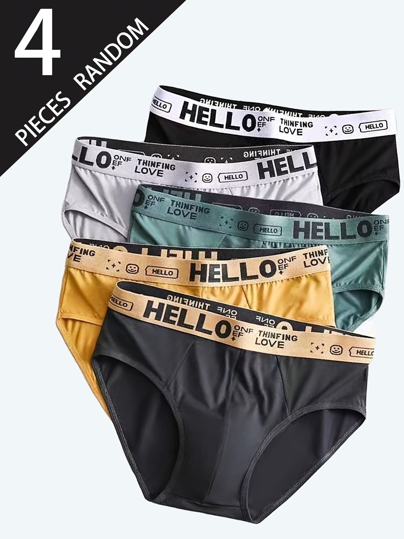 Men's Briefs Set with 'Hello' Letter Waistband 4 Pack Solid Colors Comfortable Polyester