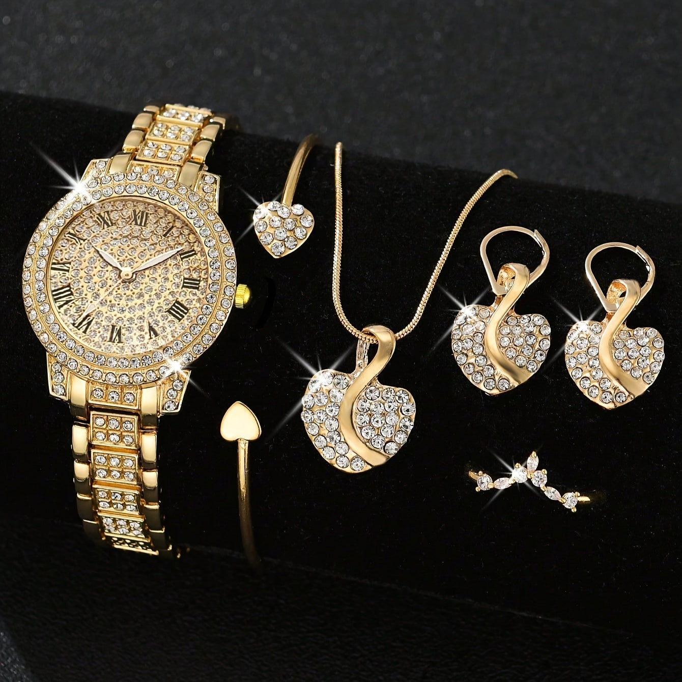 Women's Gold Watch Set with Round Dial and Matching Accessories
