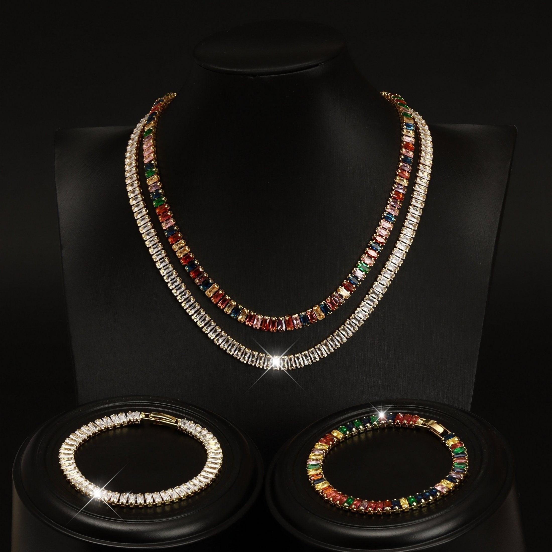 Women's 18K Gold Plated Copper Tennis Wrist Jewelry Set with Colorful Cubic Zirconia