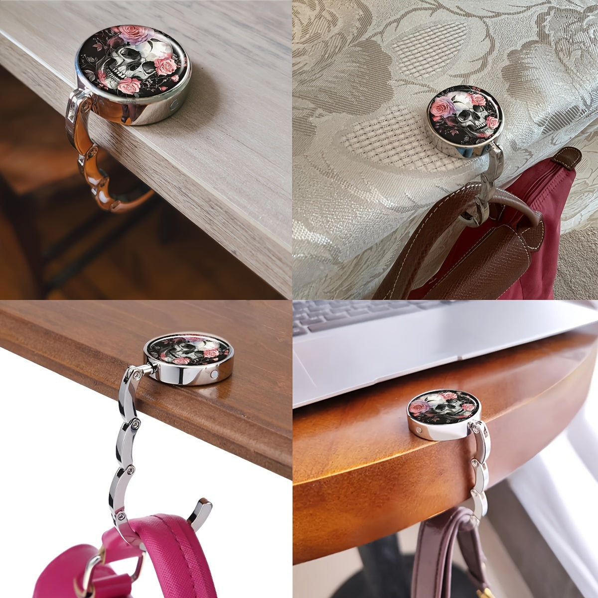 Foldable Handbag Hanger with Floral Sugar Skull Design Zinc Alloy Purse Hook