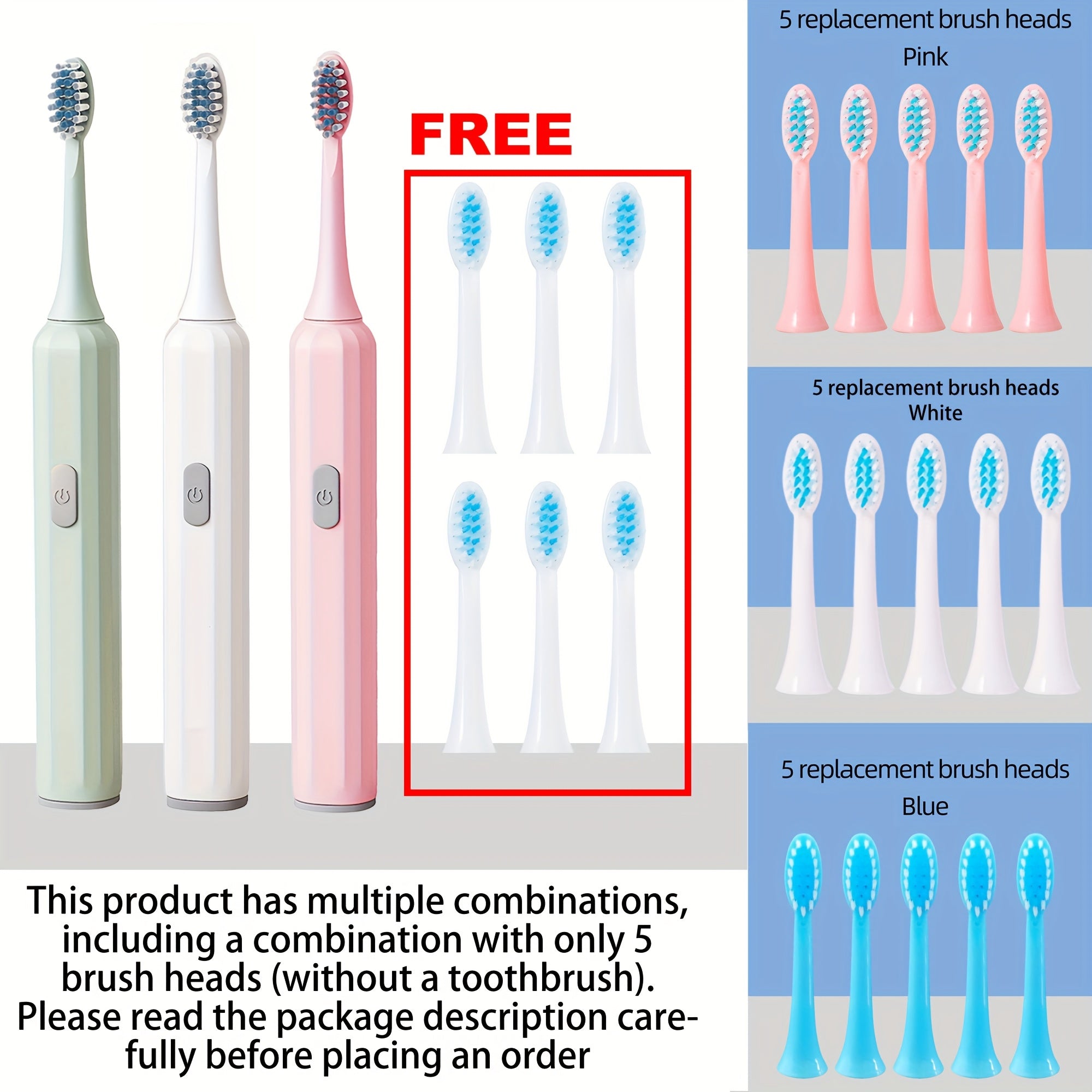 Cepillo de dientes eléctrico para adultos con batería, con 5 cabezales y estuche