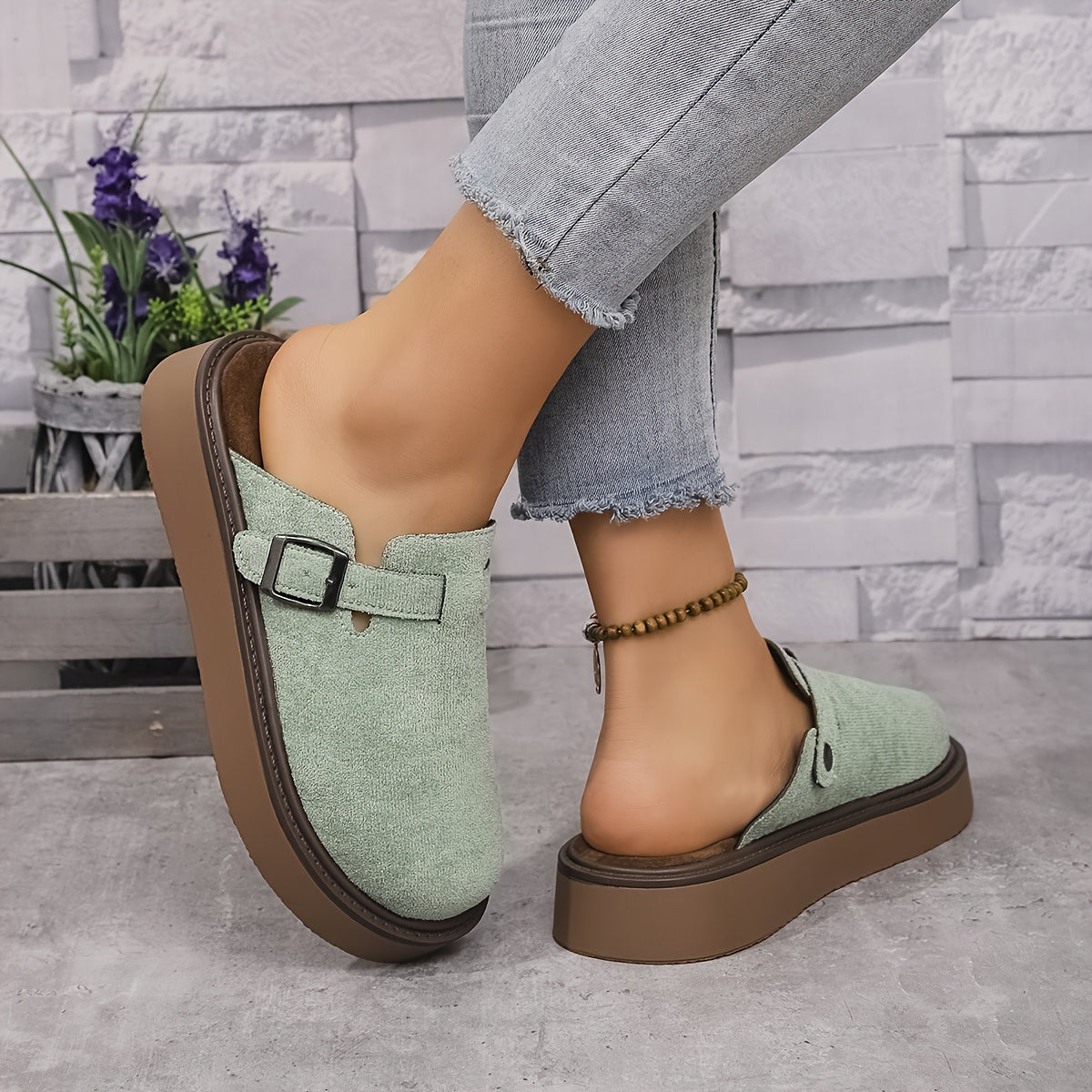 Women's Casual Buckle Loafers All-Season PU Upper Rubber Sole Flannel Insole