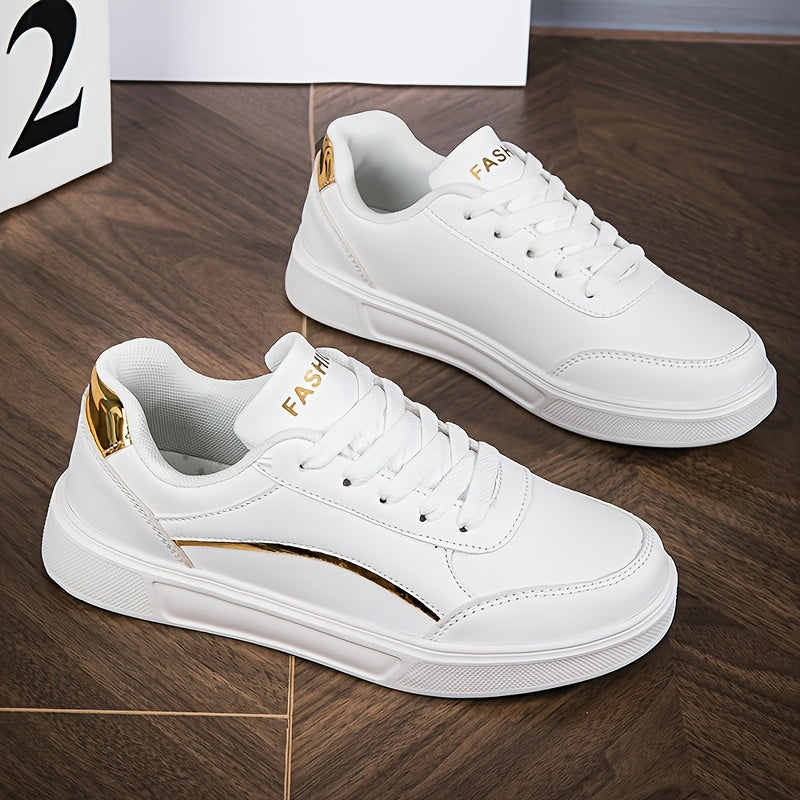 Women's White Sneakers with Gold Accents Low-Top Comfortable Casual Walking Shoes