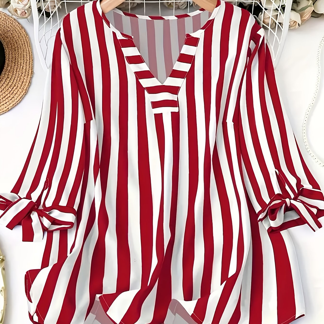 Women's Plus Size V-Neck T-Shirt with Stripes and Ruffled Sleeves