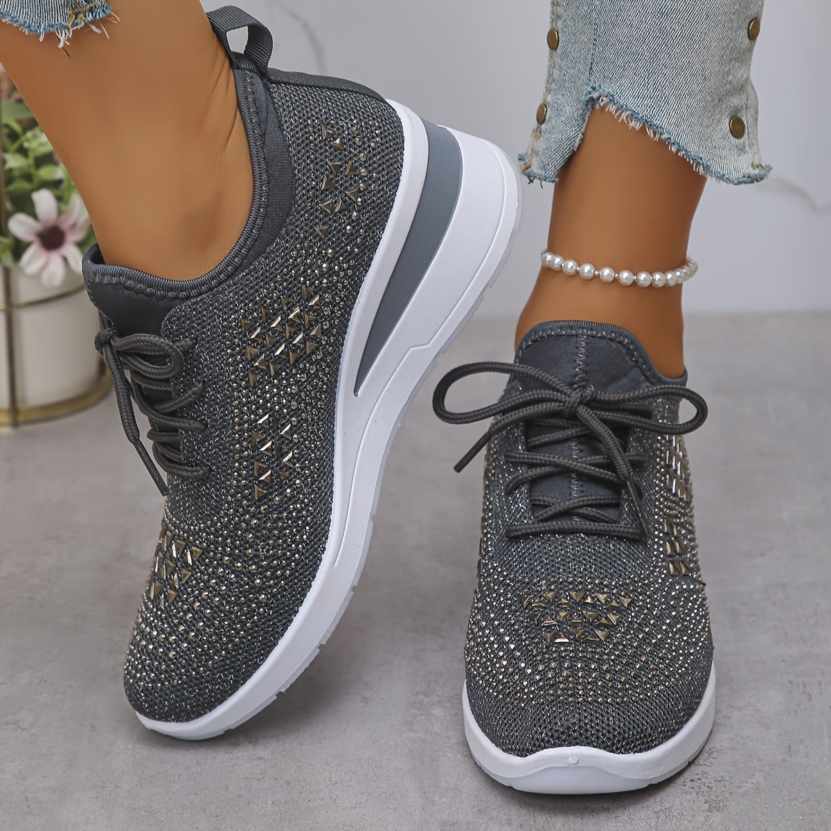 Women's Rhinestone Sneakers Black Casual Low-Top Lace-Up Comfort Footwear