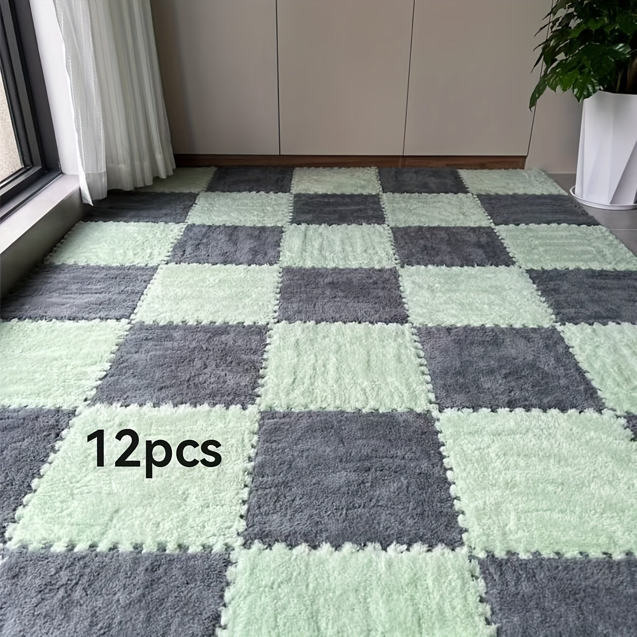 12pcs Square Flower Pattern Plush Area Rugs Set Washable Non-Slip Low Pile Polyester EVA Bedroom Living Room Decor
