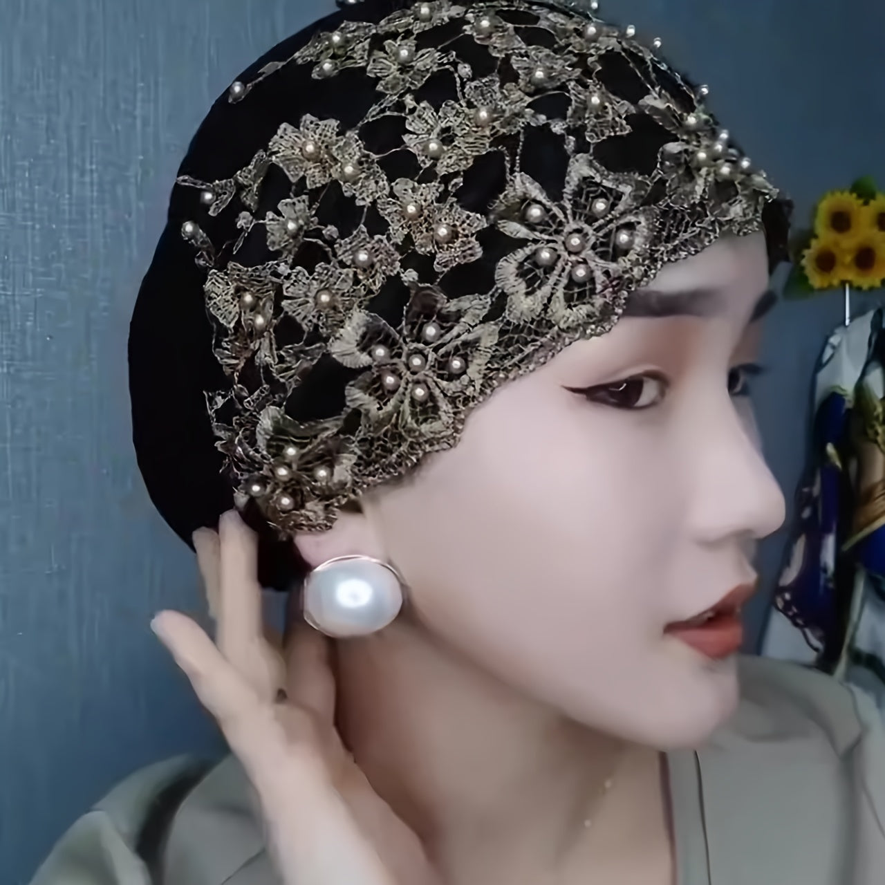 Beaded Floral Embroidered Turban for Women Lightweight Breathable Elastic Head Cover for Ramadan
