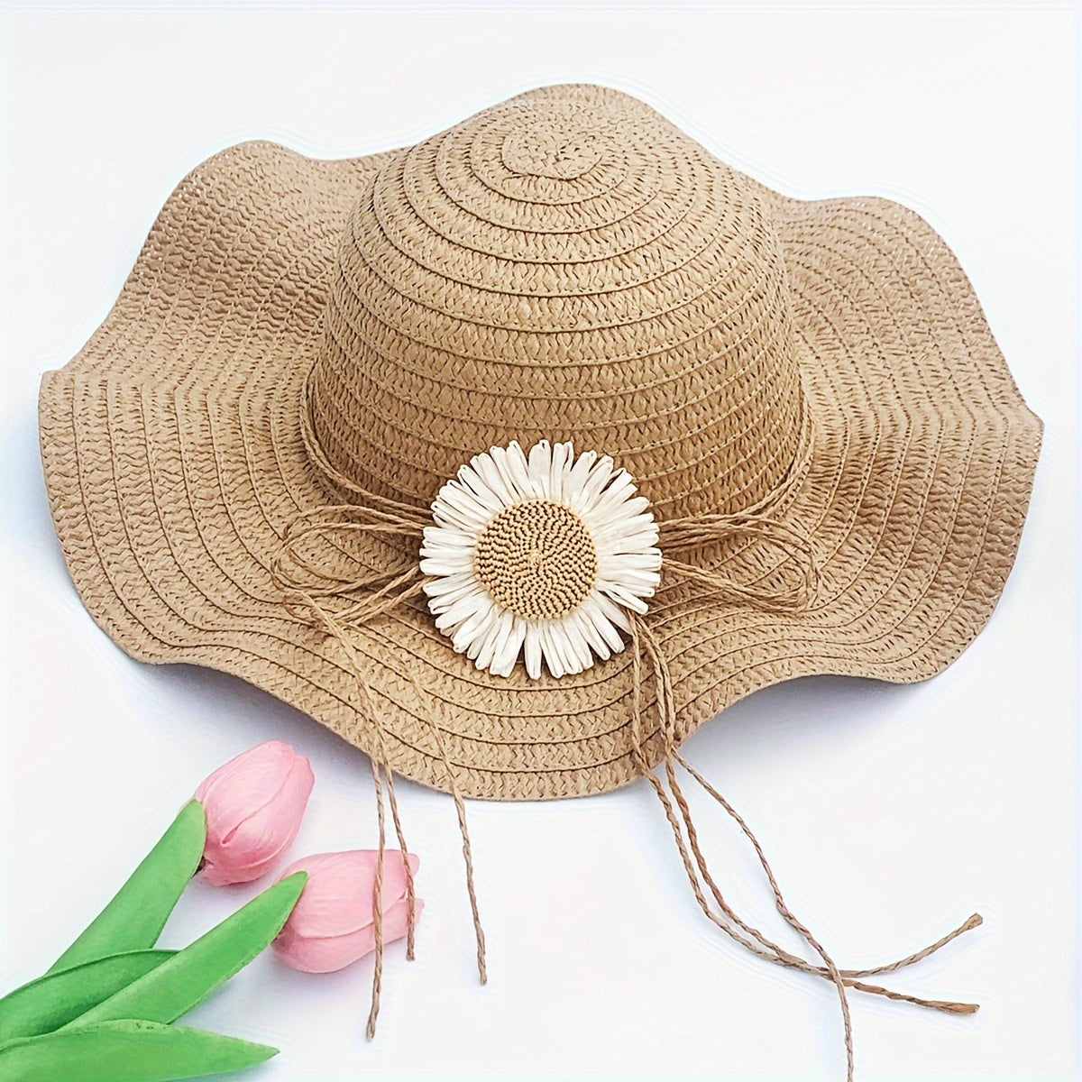 Women's Straw Hat and Pouch Set with Floral Accents for Outdoor and Vacation Use