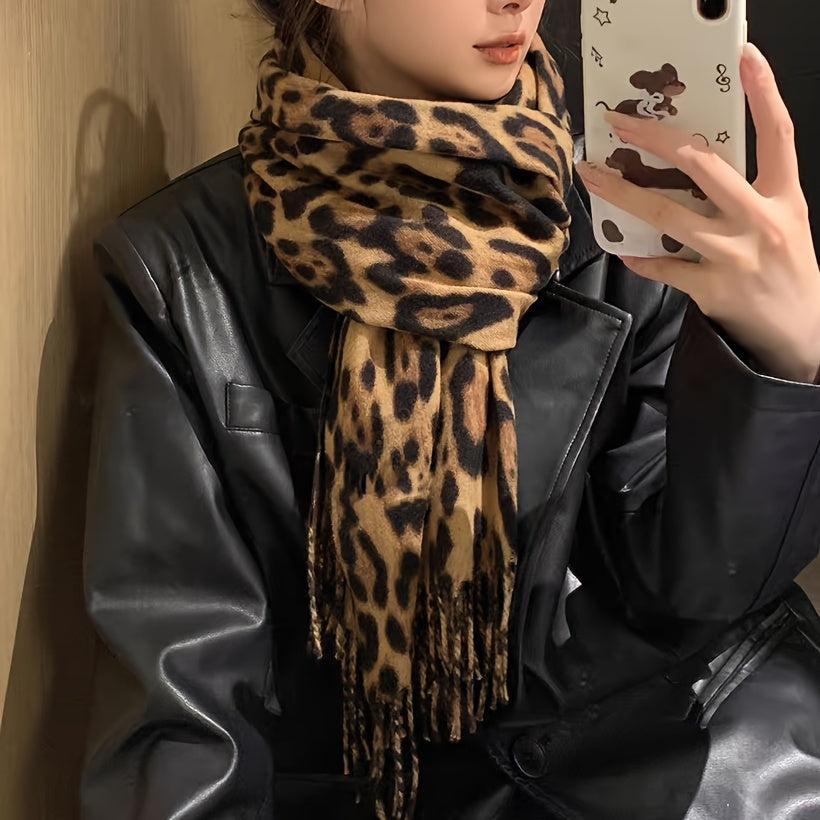 Women's Leopard Print Scarf Polyester Tassel Shawl for Autumn Winter