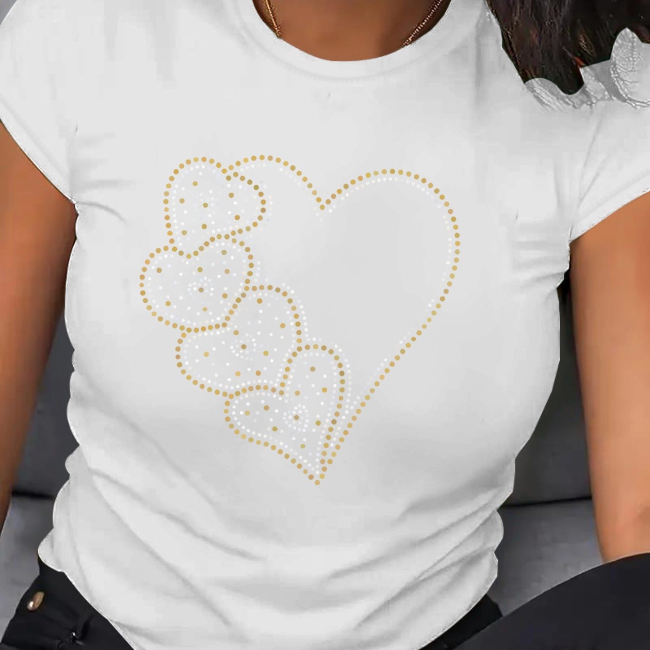 Plus Size Women's Casual T-Shirt with Rhinestone Heart Short Sleeve Beige
