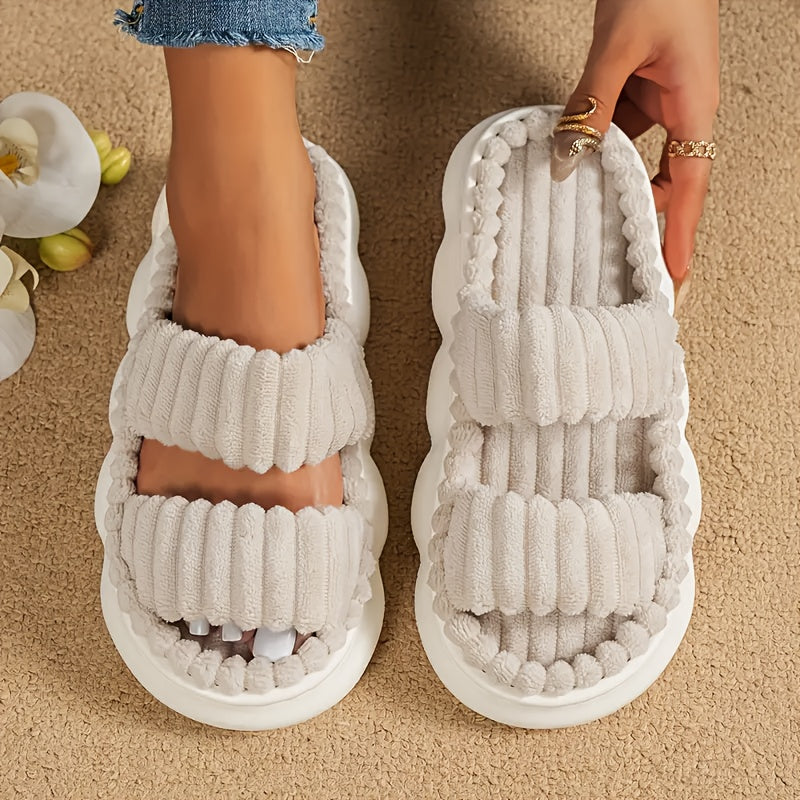 Women's Plush Indoor Slippers Non-Slip Thick Sole Gray Ribbed Textured Open Toe