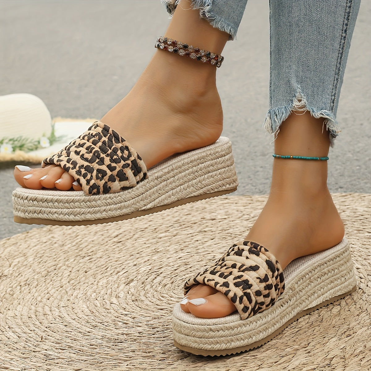 Women Woven Outdoor Slippers Summer Wedge Heels Platform Beach Sandals