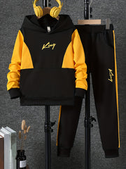 Casual Spring and Autumn Long Sleeve Hooded Patchwork Letter Print Set for Outdoor Wear