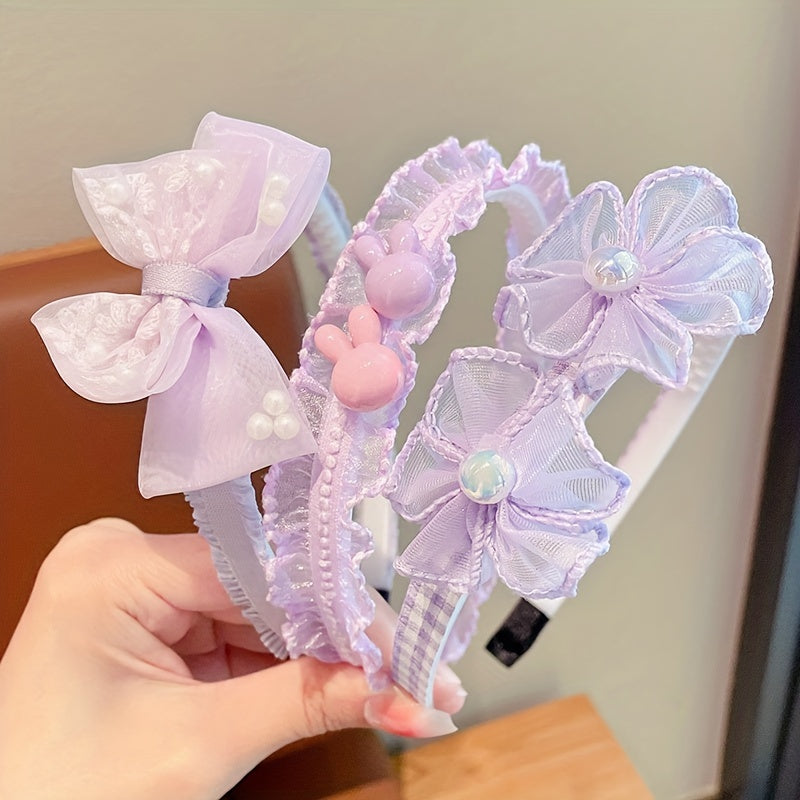 Set of 3 Lace Floral Mesh Headbands with Non-Slip Grip and Bow Accents