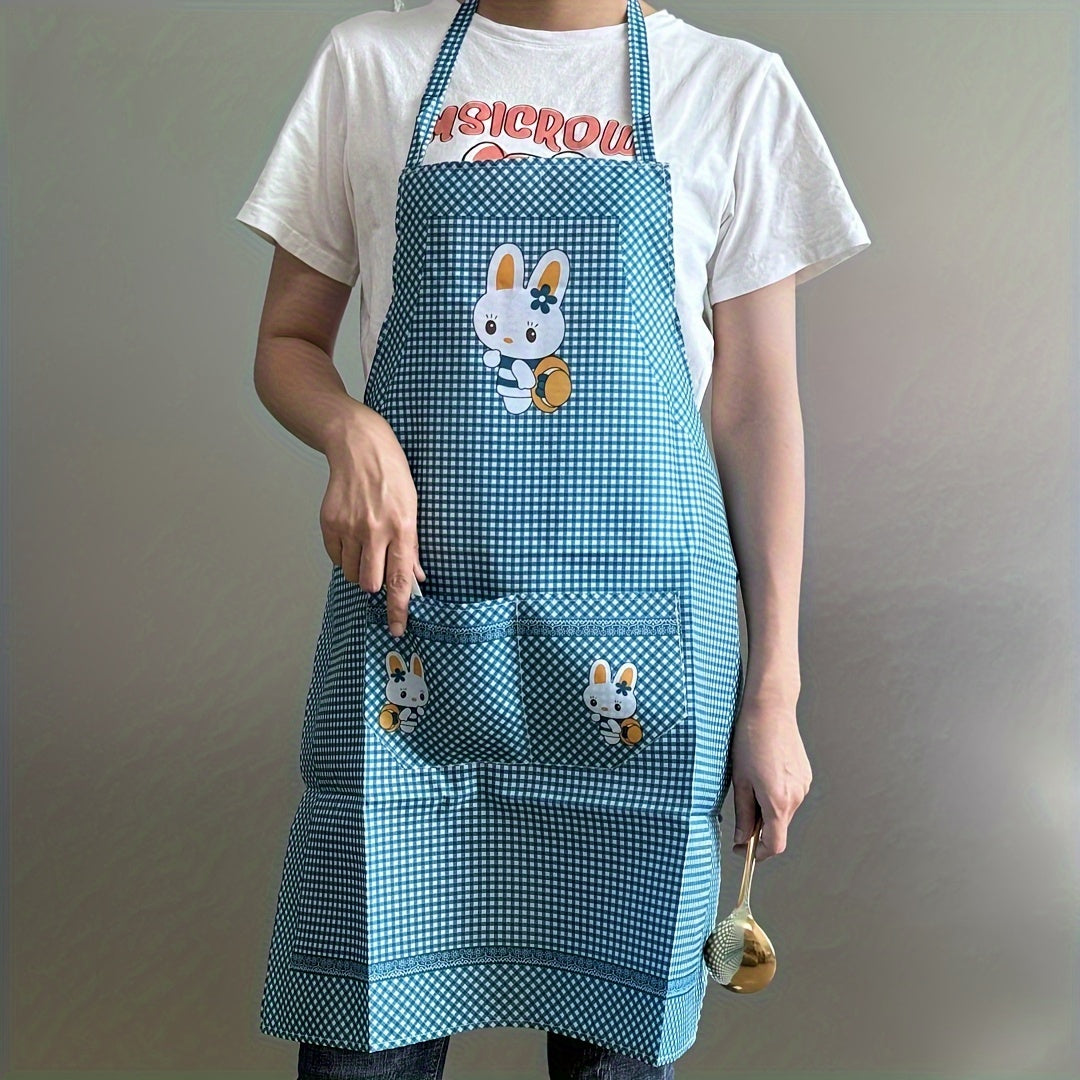 Blue and White Checkered Apron with Rabbit Design, Oil & Dirt Resistant Polyester, Lightweight for Cooking Gardening and Baking