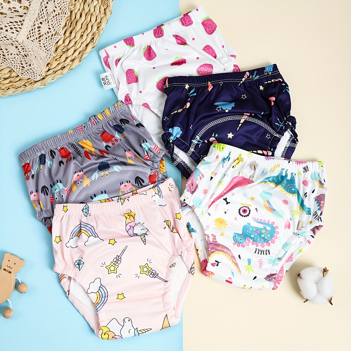 Juego de 3 pantalones de entrenamiento reutilizables para niños con patrones de dibujos animados de gasa de algodón transpirable