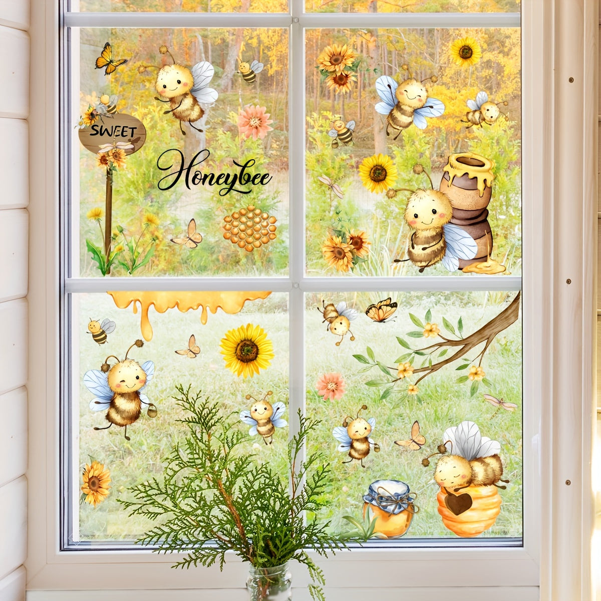 Juego de decoraciones de primavera de 3 piezas 20x30cm Abeja Tarro de miel Mariposa Girasol Pegatinas para ventanas